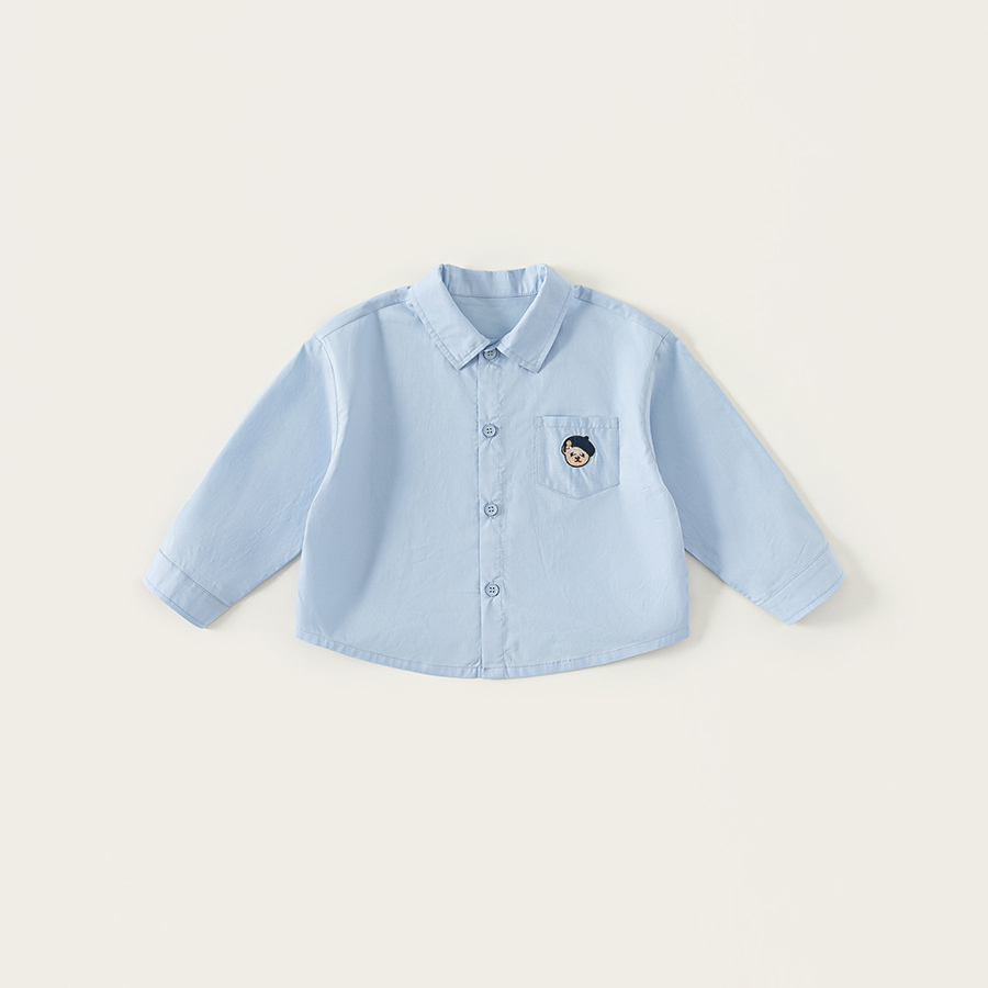 童裝秋款簡約翻領襯衣男寶寶長袖兒童上衣小熊刺繡男童襯衫