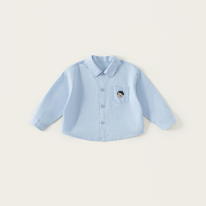 童裝秋款簡約翻領襯衣男寶寶長袖兒童上衣小熊刺繡男童襯衫