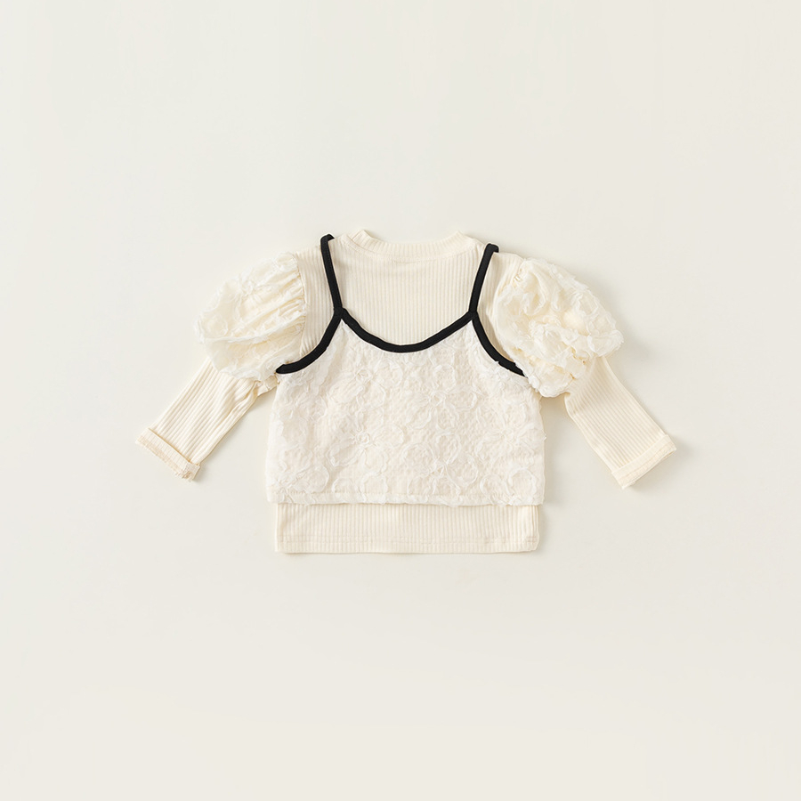 童裝新款女童上衣泡泡袖打底衫吊帶兩件套女孩子洋氣套裝秋裝