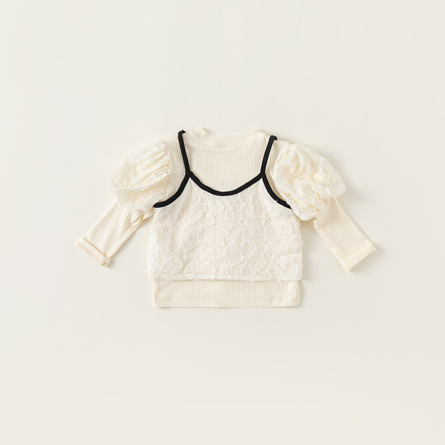 童裝新款女童上衣泡泡袖打底衫吊帶兩件套女孩子洋氣套裝秋裝