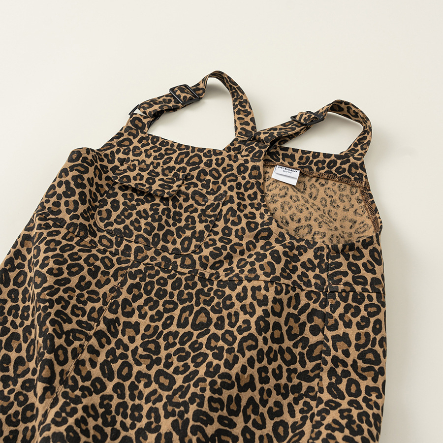 童裝兒童揹帶褲春季復古豹紋男童寬鬆長褲女童休閒漁夫褲