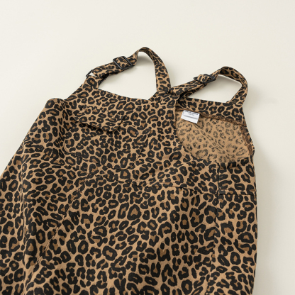 童裝兒童揹帶褲春季復古豹紋男童寬鬆長褲女童休閒漁夫褲