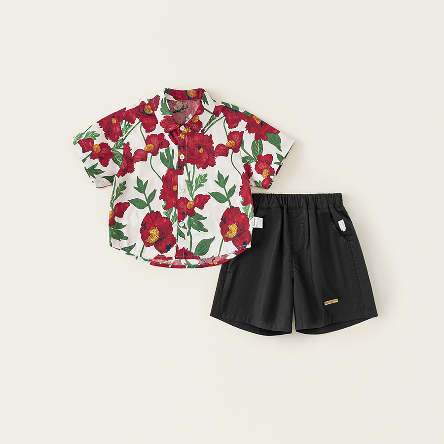 童裝男童夏裝套裝2025新款夏季帥氣兒童度假風短袖襯衫兩件套