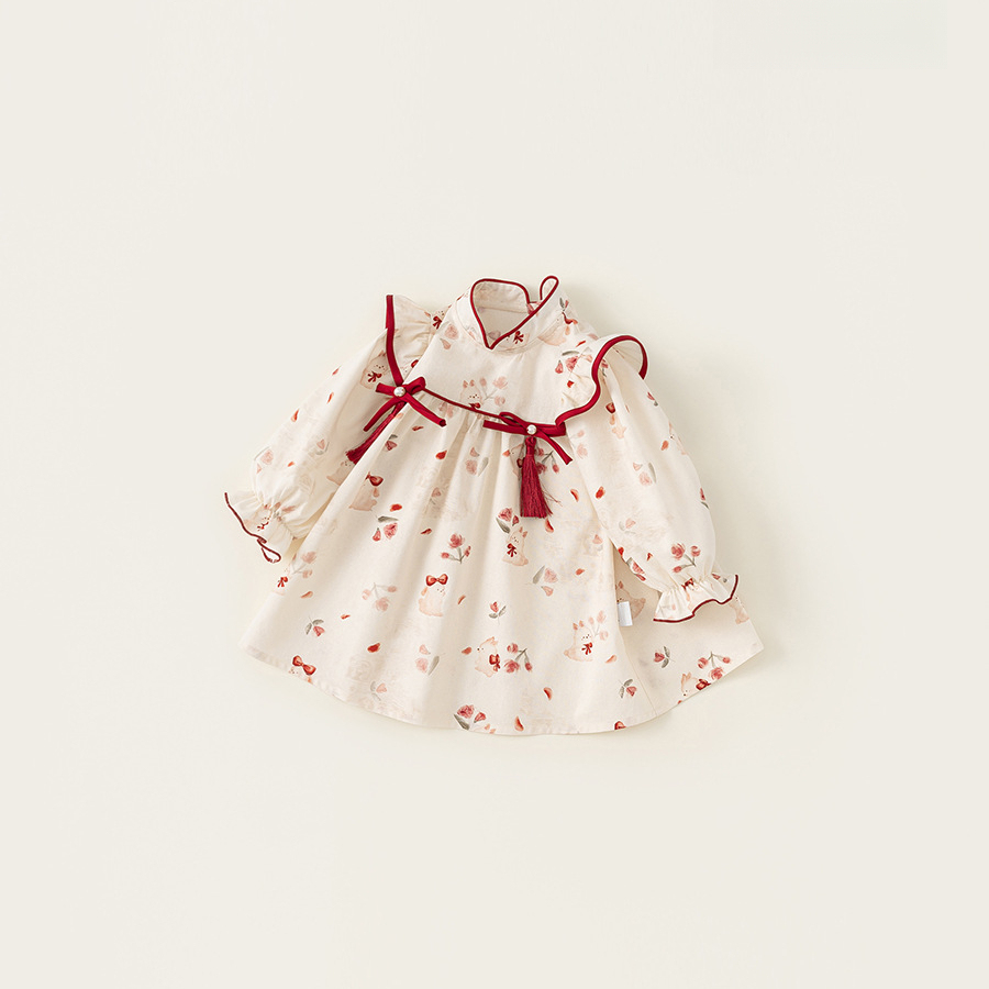 童裝2025年秋季新款女童碎花連衣裙兒童蝴蝶結長袖公主裙
