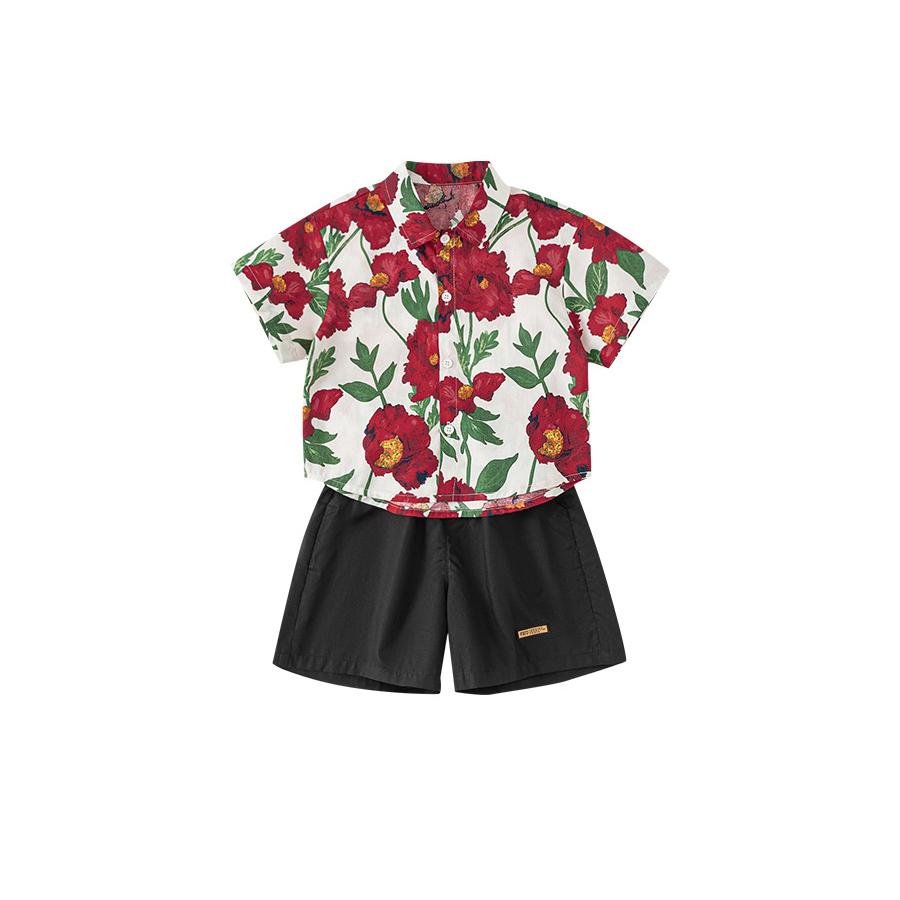 童裝男童夏裝套裝2025新款夏季帥氣兒童度假風短袖襯衫兩件套