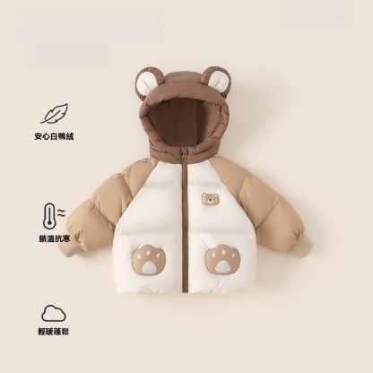 2025新品冬季衣服女寶寶上衣拼色小熊連帽兒童外套男童羽絨服