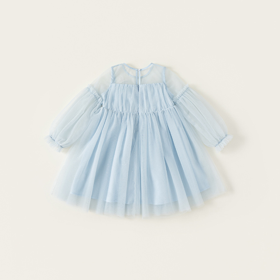 童裝女童連衣裙藍色女孩子公主裙仙女裙生日亮片兒童網紗裙