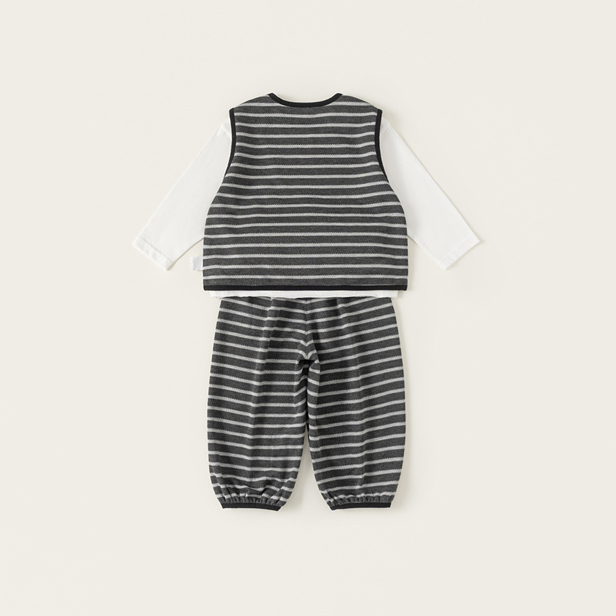 童裝男童套裝春季新品設計感背心純色打底衫條紋褲女童三件套