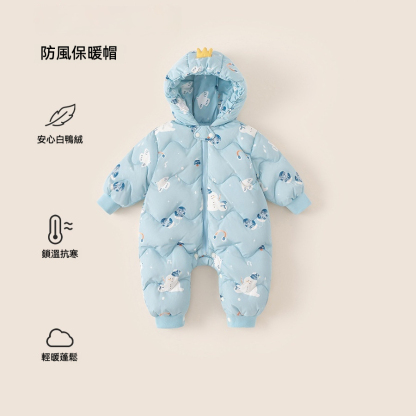 童裝冬季新品保暖衣服可愛連帽新生兒連體衣男寶寶羽絨爬服