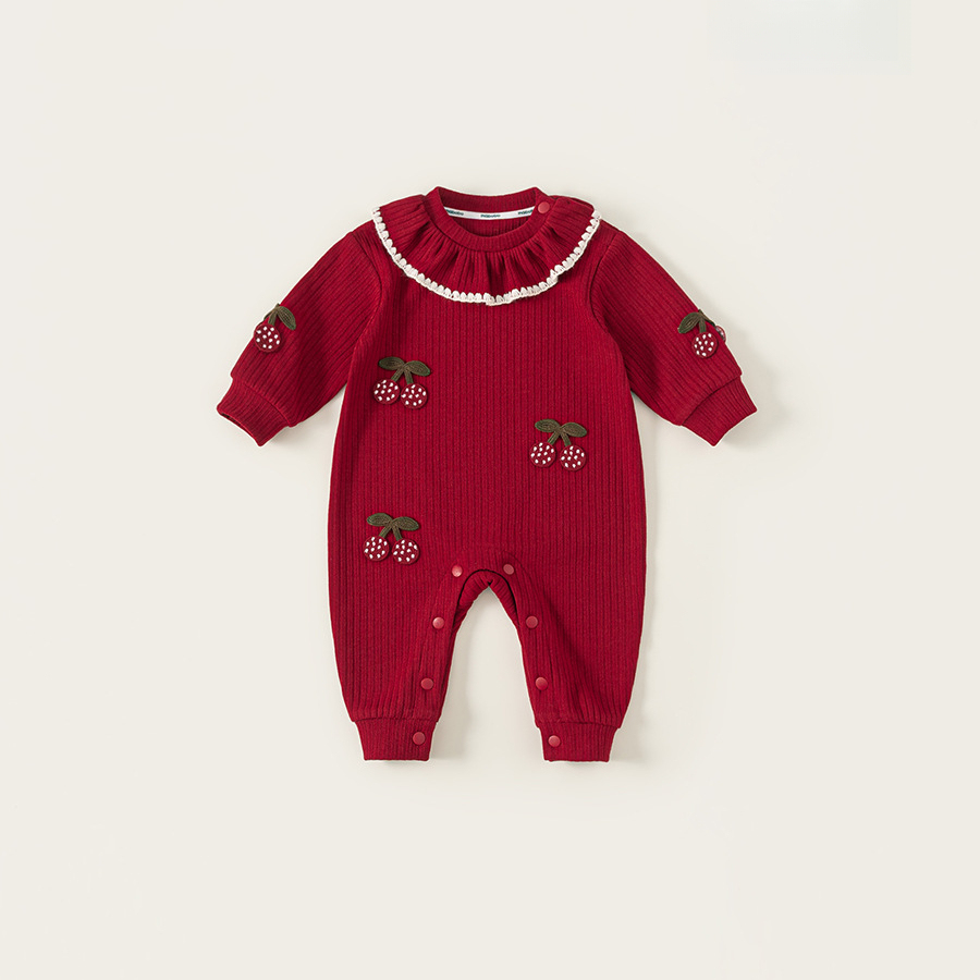 秋季新款女寶寶衣服甜美荷葉邊秋裝女童爬服兒童連體衣