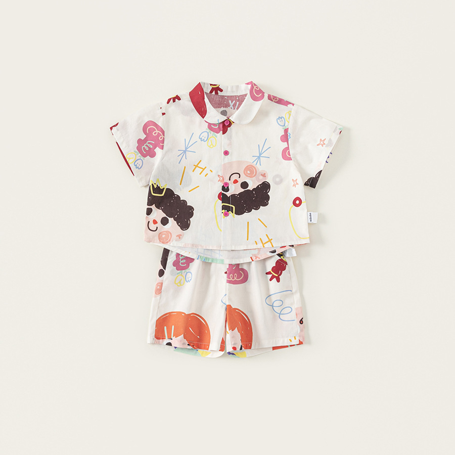 童裝夏款兒童套裝翻領塗鴉印花短袖寬鬆襯衫休閒短褲兩件套