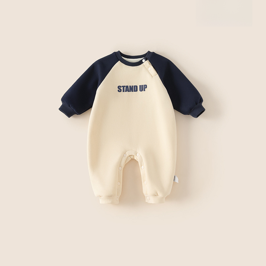 童裝秋冬裝嬰兒連體衣寶寶撞色插肩袖長袖哈衣寶寶保暖爬服