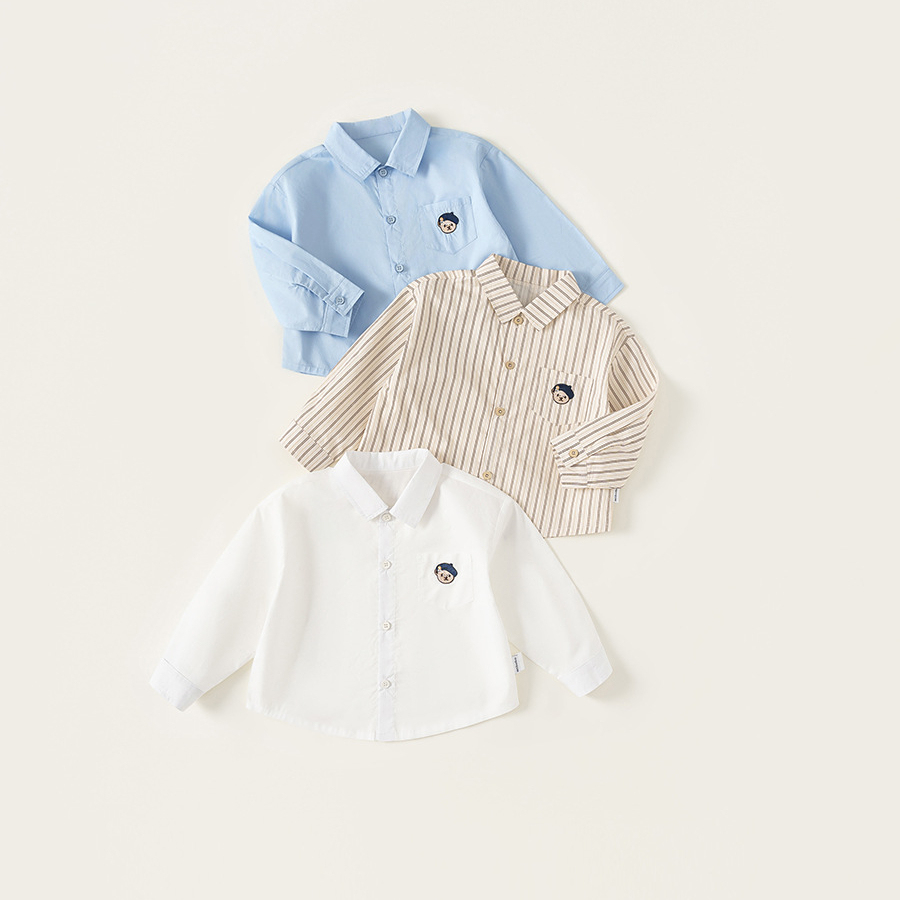 童裝秋款簡約翻領襯衣男寶寶長袖兒童上衣小熊刺繡男童襯衫