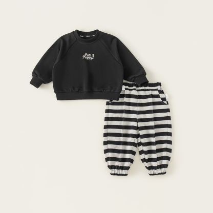 童裝兒童春款衛衣套裝春季男寶寶套頭上衣女童條紋衛褲兩件套