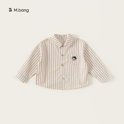 童裝秋款簡約翻領襯衣男寶寶長袖兒童上衣小熊刺繡男童襯衫