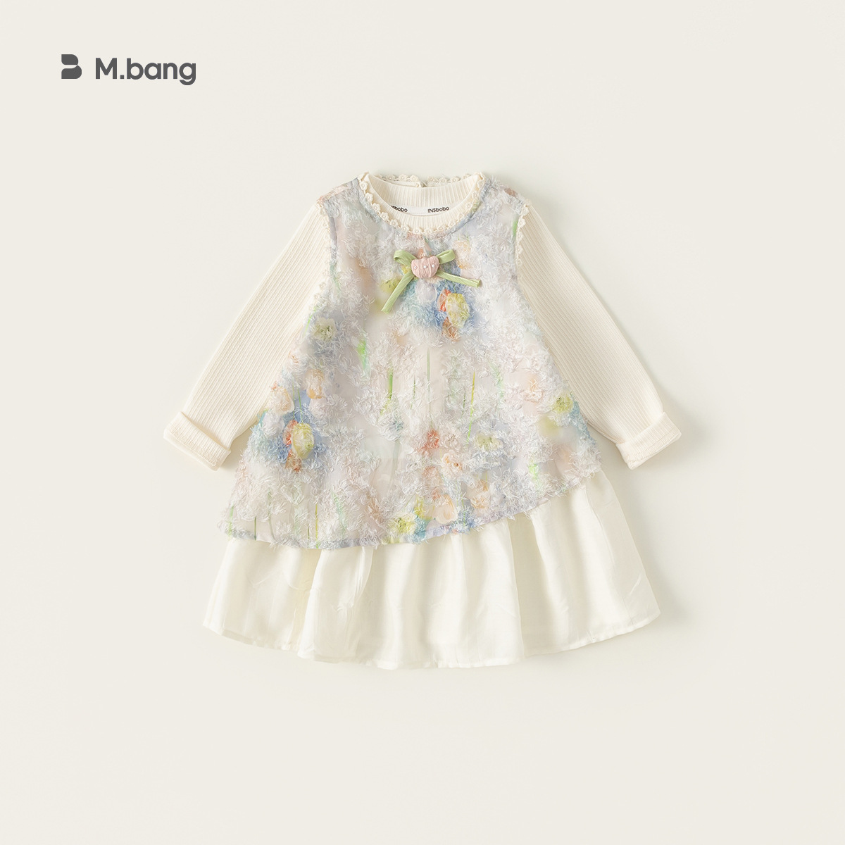 童裝女童套裝裙春季新品彩色花朵連衣裙純色打底衫兒童兩件套