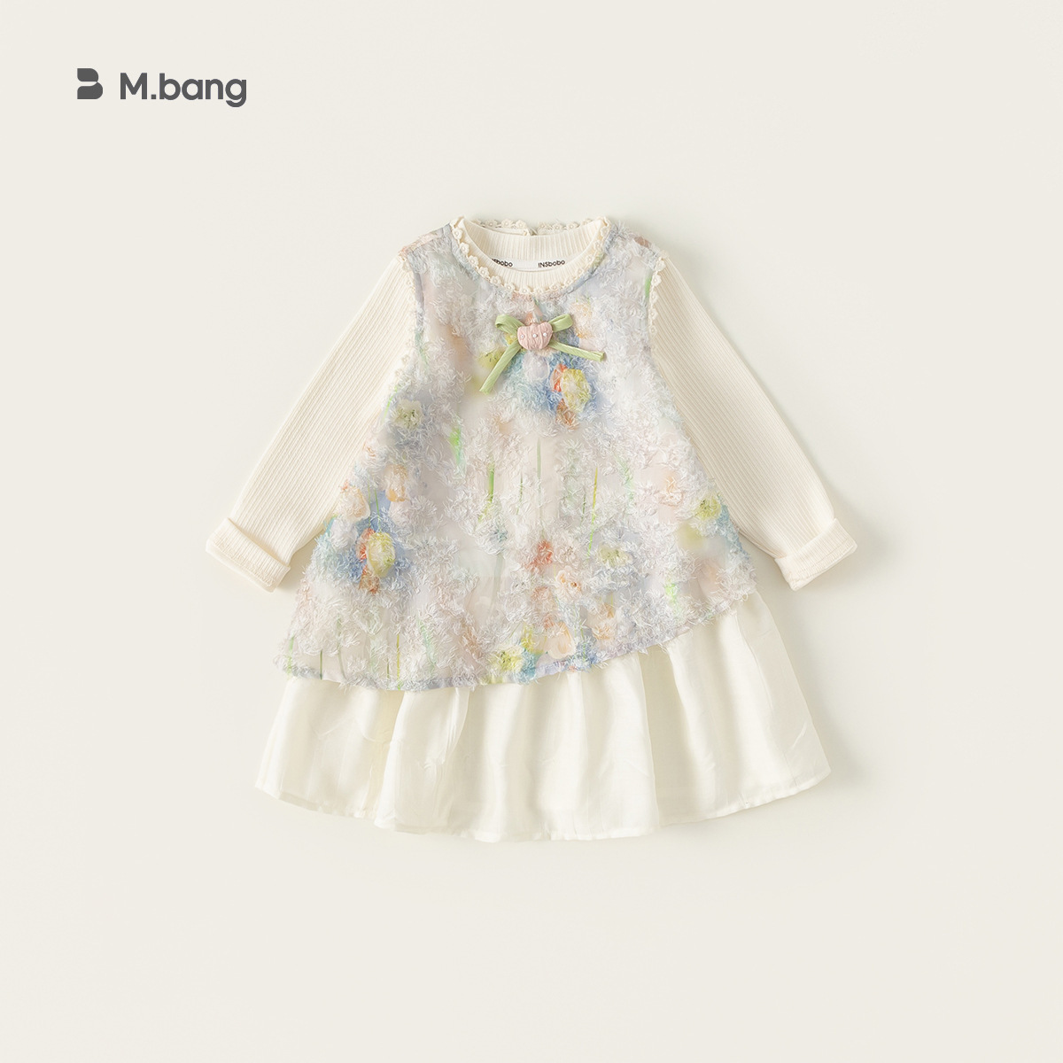 童裝女童套裝裙春季新品彩色花朵連衣裙純色打底衫兒童兩件套