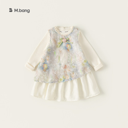 童裝女童套裝裙春季新品彩色花朵連衣裙純色打底衫兒童兩件套