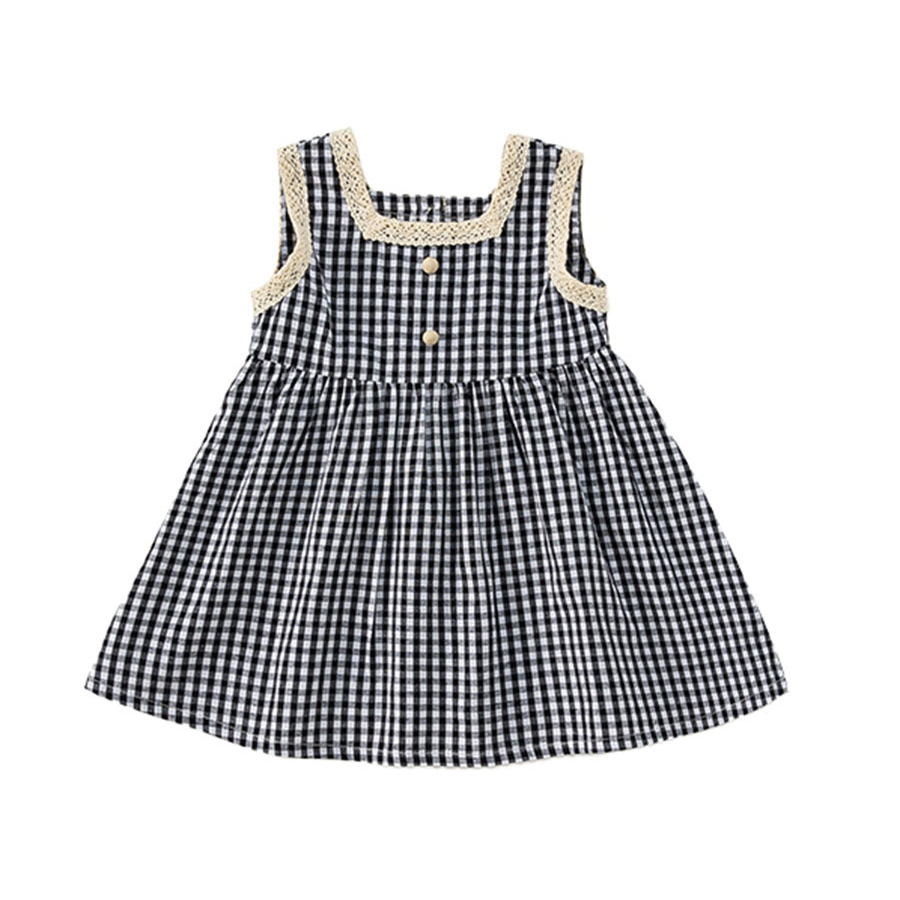 童裝夏季氣質女寶寶裙子韓版女童格子裙方領黑白小童連衣裙
