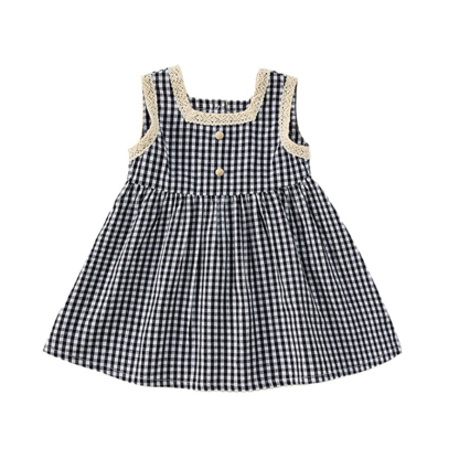 童裝夏季氣質女寶寶裙子韓版女童格子裙方領黑白小童連衣裙