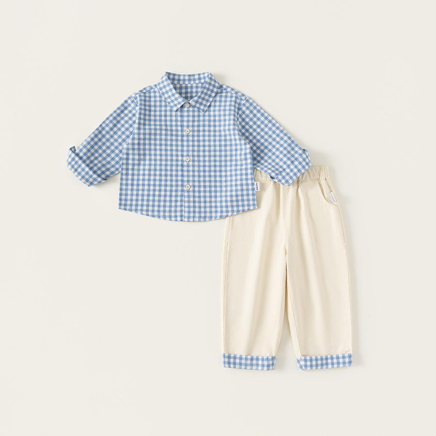 童装男童套装格子衬衫拼接长裤儿童两件套春季新品小童休闲装