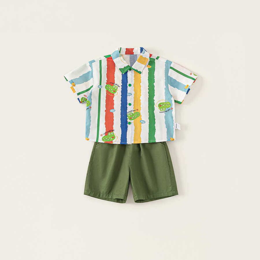 童裝休閒翻領卡通印花襯衫純色休閒短褲兩件套男童夏季套裝