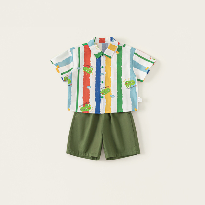 童裝休閒翻領卡通印花襯衫純色休閒短褲兩件套男童夏季套裝