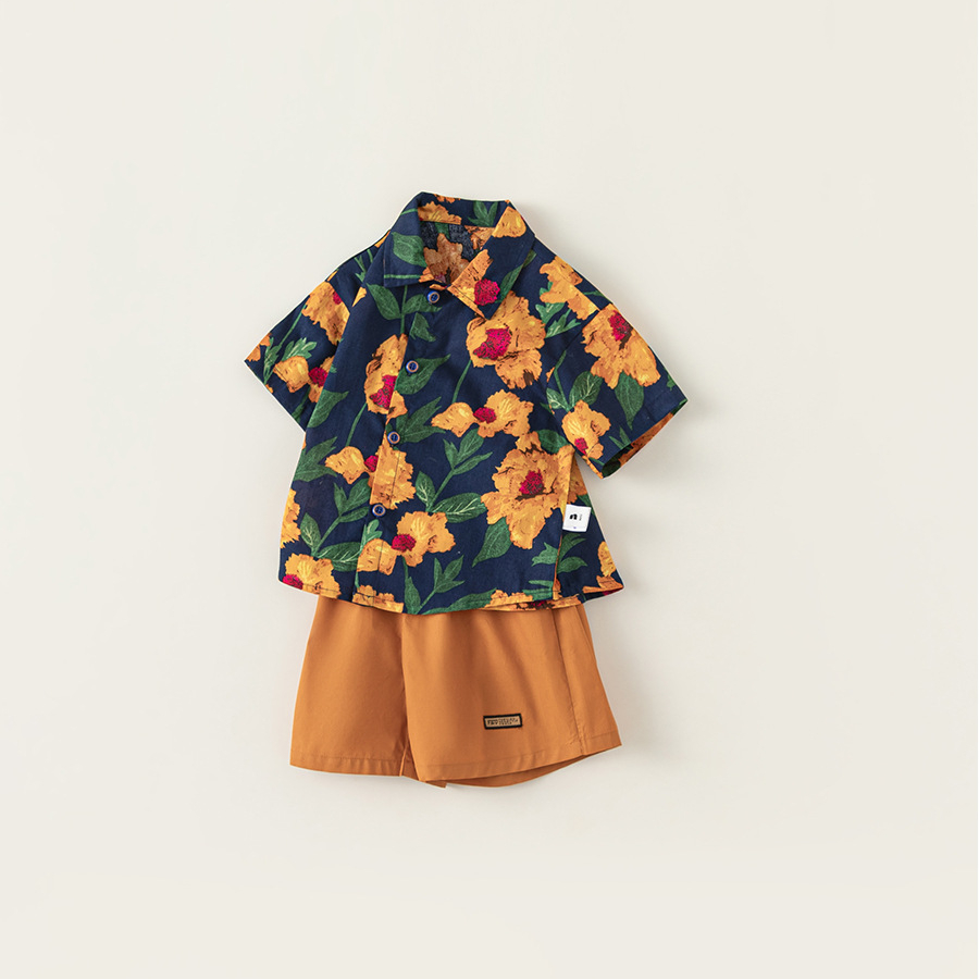 童裝男童套裝兒童碎花襯衫中褲港風復古夏裝兩件套海灘度假風