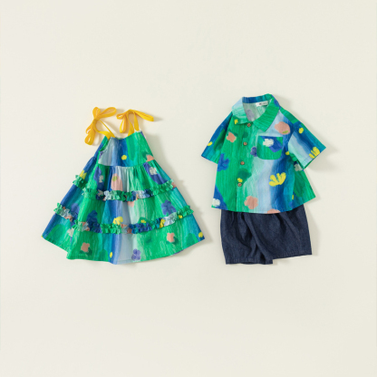 童裝姐弟裝塗鴉印花襯衫女童連衣裙扎染公主裙子兒童休閒套裝