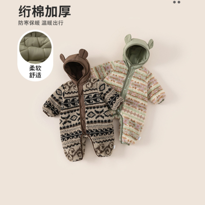嬰幼兒外出服冬季新品寶寶連體衣服兒童拼接花色連帽爬服