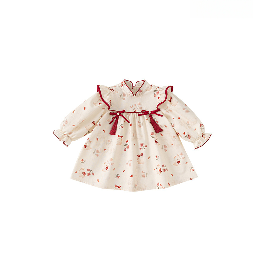 童裝2025年秋季新款女童碎花連衣裙兒童蝴蝶結長袖公主裙