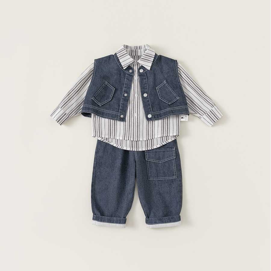 兒童套裝韓版童裝炸街痞帥秋款條紋長袖襯衫馬甲男童三件套