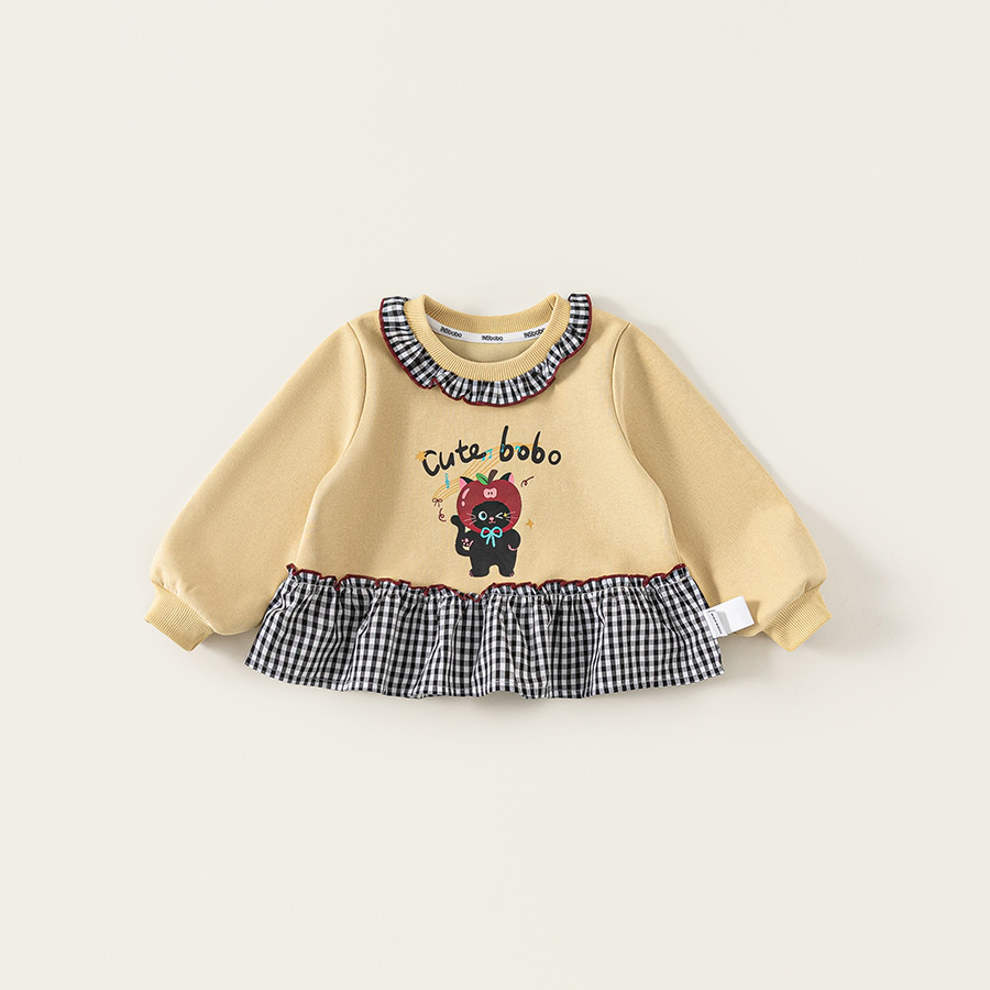 童裝女童上衣格子拼接兒童衛衣印花圓領中小童套頭衫春季新品