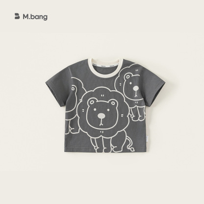 童裝夏季新品寬鬆上衣男童撞色圓領衣服卡通獅子印花短袖T恤