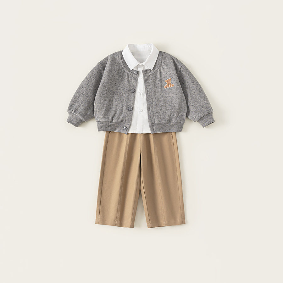 童裝秋季男童套裝純色翻領襯衫繡花開衫外套兒童休閒褲兩件套