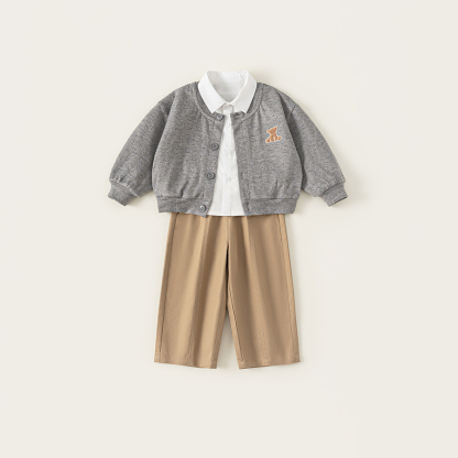 童裝秋季男童套裝純色翻領襯衫繡花開衫外套兒童休閒褲兩件套