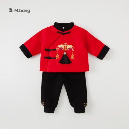 童裝兒童套裝冬季國風男女童加厚兒童新年衣服兩件套