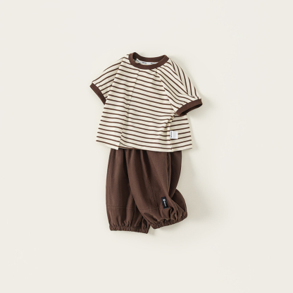 童裝男孩子夏款短袖套裝條紋上衣男童休閒褲兩件套兒童服裝