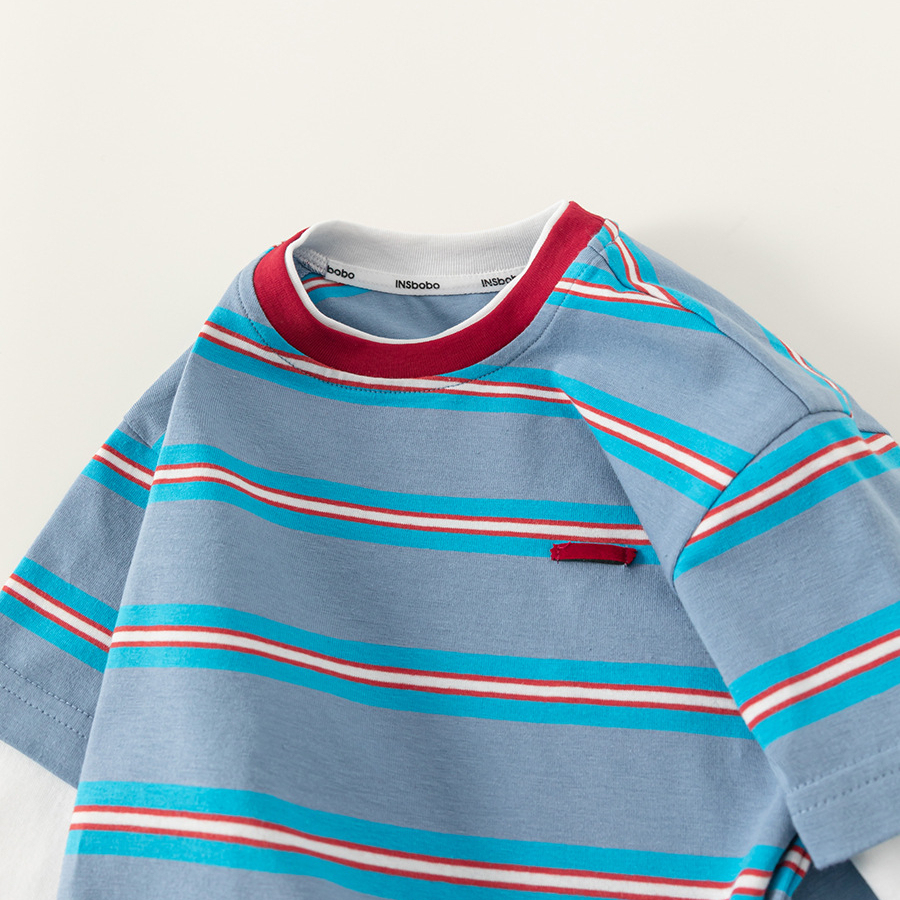 童裝男童T恤春季新款中小童假兩件條紋拼色時尚休閒兒童上衣