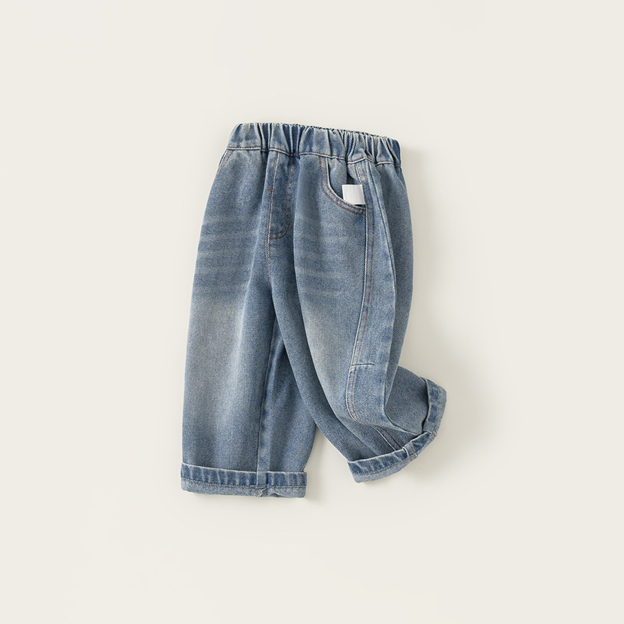 童裝男童牛仔褲春季新品簡約拼接兒童彎刀褲長褲潮