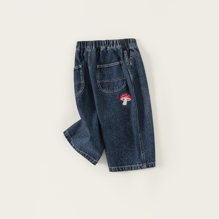 童裝新款秋裝兒童長褲秋季童褲男童直筒褲蘑菇刺繡女孩牛仔褲