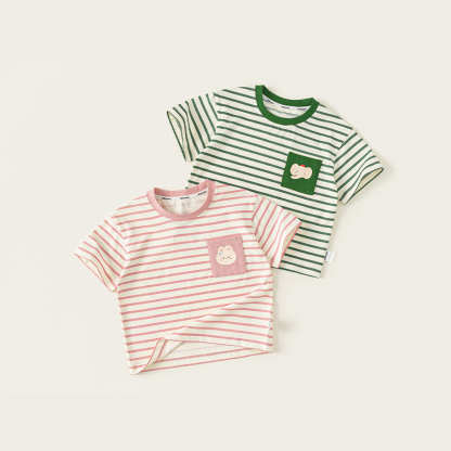 童裝夏款兒童休閒上衣薄款短袖女寶卡通印花男童撞色條紋T恤