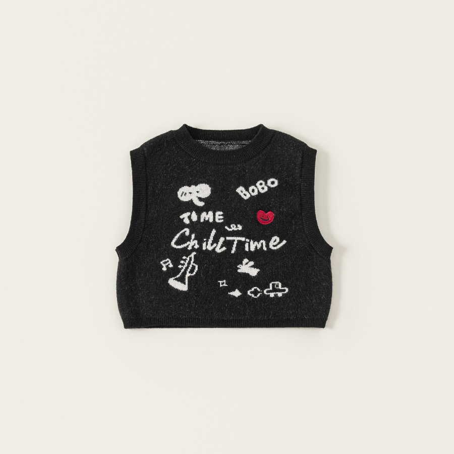 童裝女童馬甲印花圓領中小童無袖上衣春季新品毛線兒童背心