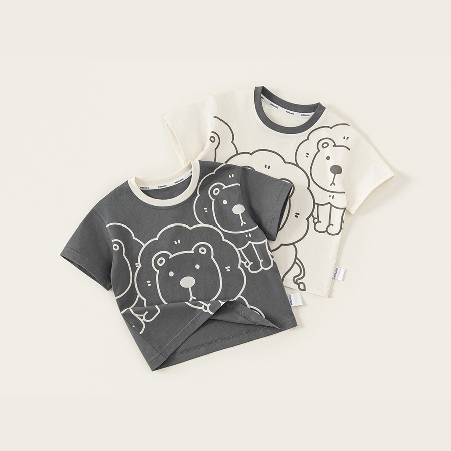 童裝夏季新品寬鬆上衣男童撞色圓領衣服卡通獅子印花短袖T恤