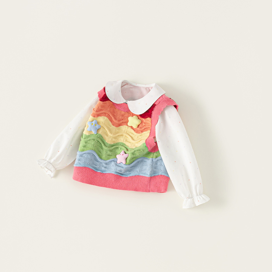 童裝女童白色襯衫彩色條紋毛線馬甲兩件套兒童套裝