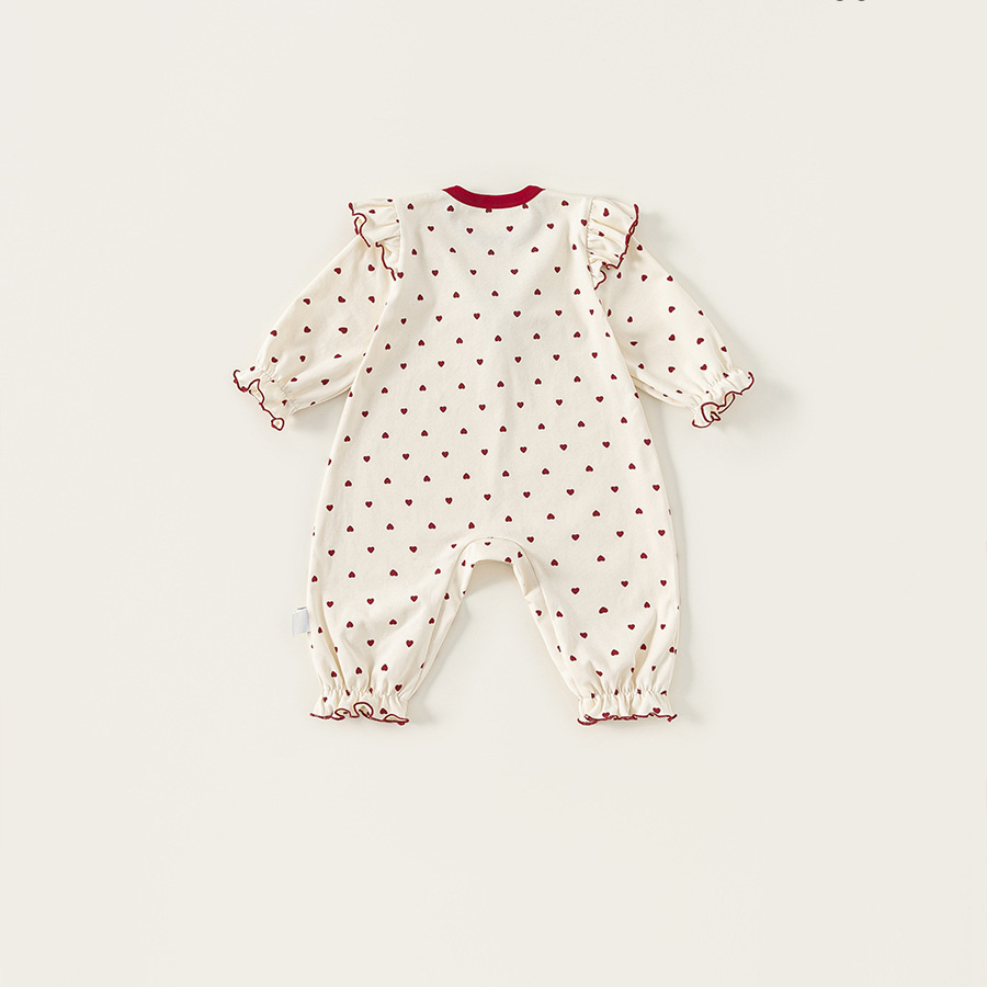 秋款童裝愛心印花女寶寶衣服花邊圓領新生兒爬服女童連體衣