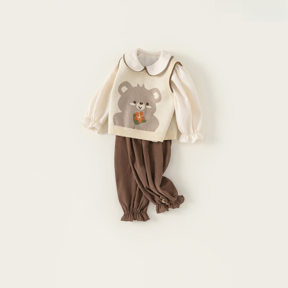 童裝女童秋裝新款套裝洋氣小熊毛衣馬甲花邊領襯衣長褲三件套