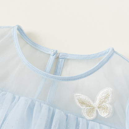 童裝女童連衣裙藍色女孩子公主裙仙女裙生日亮片兒童網紗裙