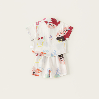 童裝夏款兒童套裝翻領塗鴉印花短袖寬鬆襯衫休閒短褲兩件套