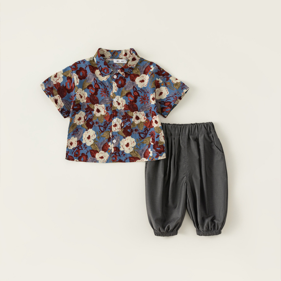 童裝男童夏裝套裝花襯衫兩件套束腳闊腿褲兒童度假港風套裝